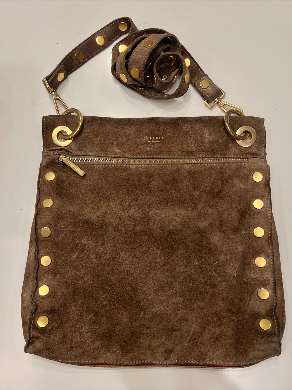 Hammitt Brown Suede Studded Crossbody Shoulder Bag with Gold Hardware